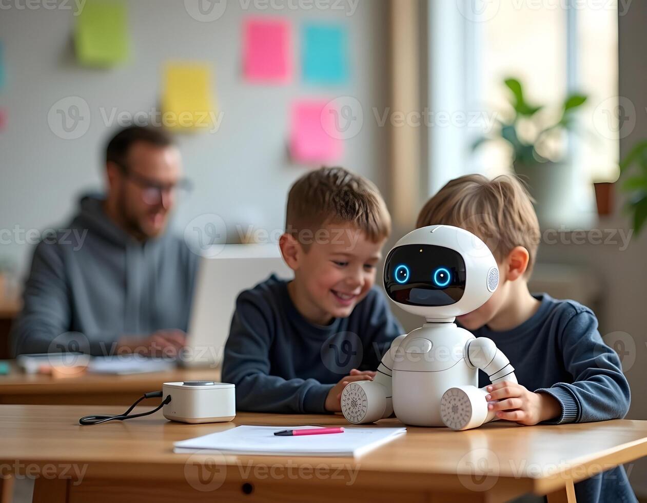 In a state-of-the-art innovation lab, a smiling boy interacts with an illuminated AI robot, discovering advanced technology in a modern learning environment. photo