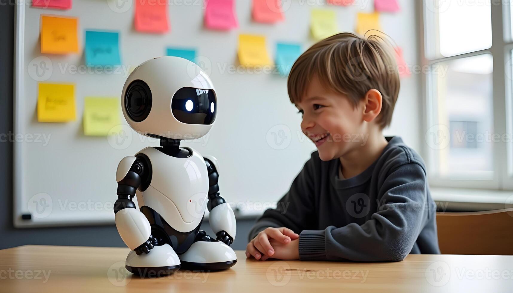 A young boy, smiling with excitement, engages with an illuminated AI robot in a cutting-edge lab, embracing advanced technology in a futuristic educational space. photo