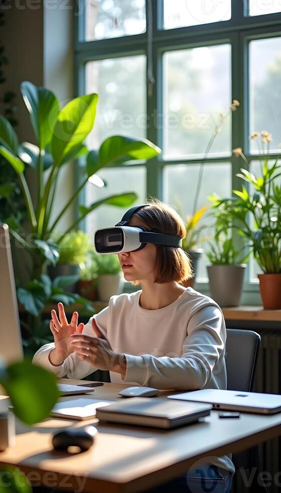 A happy business professional gestures while immersed in a virtual reality simulator, engaging with innovative technology in a contemporary office setting. photo