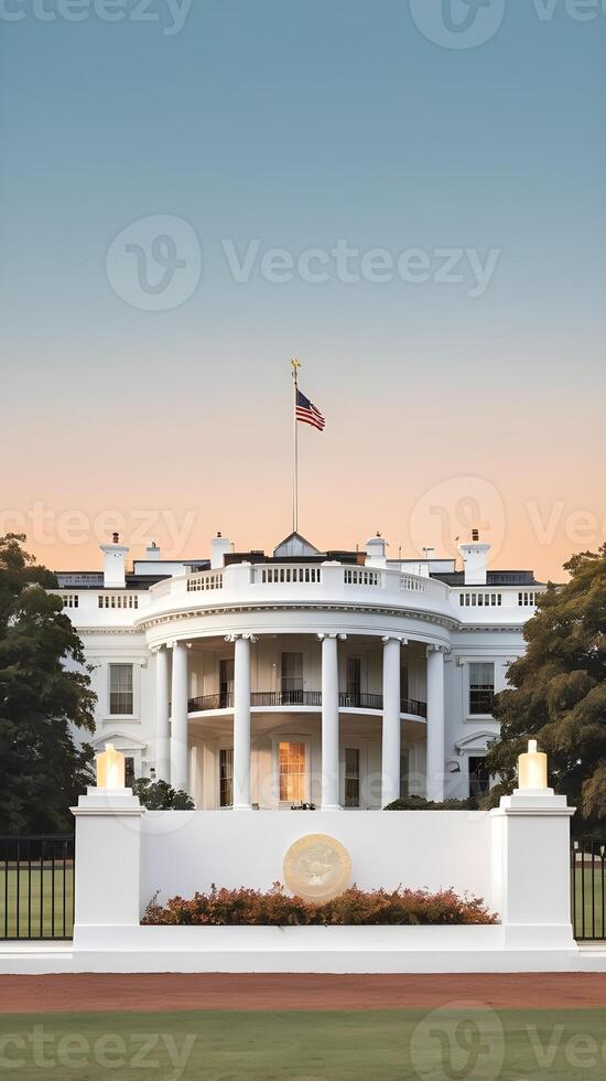 A warm and soft morning light shines on the White House, with a gradient sky providing the ideal backdrop for Presidents Day content. photo