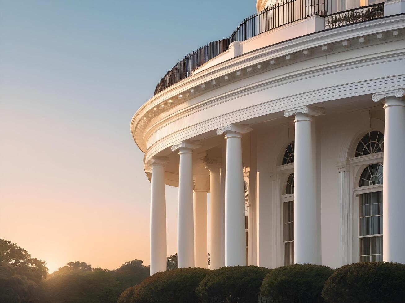 The White House is illuminated by a soft morning glow, with a gradient sky creating the perfect backdrop for Presidents Day messaging. photo