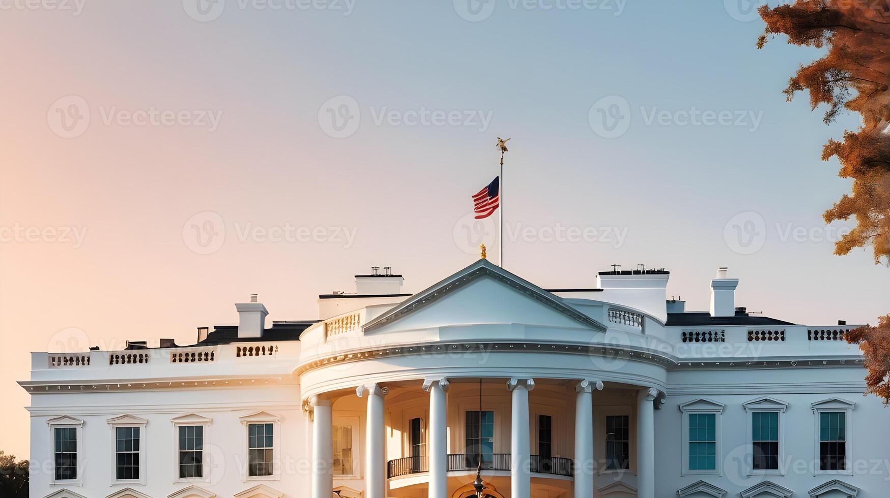 The White House basks in the warmth of morning light, surrounded by a gradient sky that makes it ideal for Presidents Day text. photo