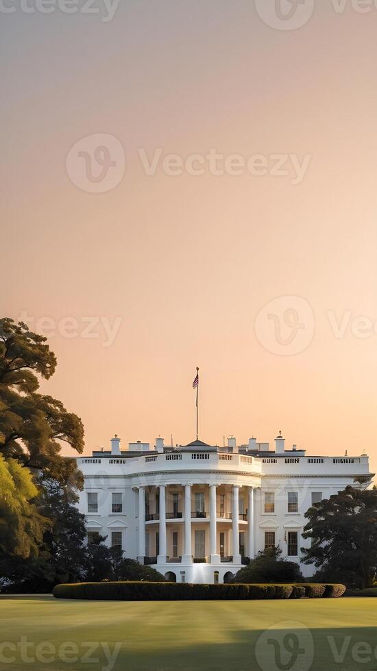 A glowing morning sun casts light on the White House, with a gradient sky thats perfect for adding Presidents Day text. photo