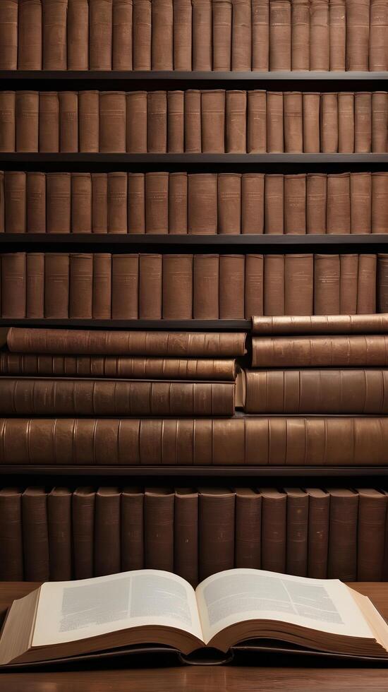 A scholarly library featuring rows of classic books and American history documents, leaving room for Presidents Day messaging. photo