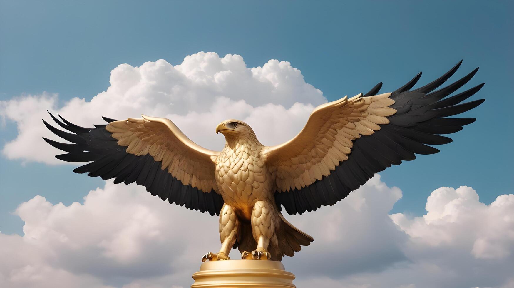 A detailed view of a golden eagle sculpture, wings wide open, with a soft-focus cloud backdrop, perfect for Presidents Day messaging. photo