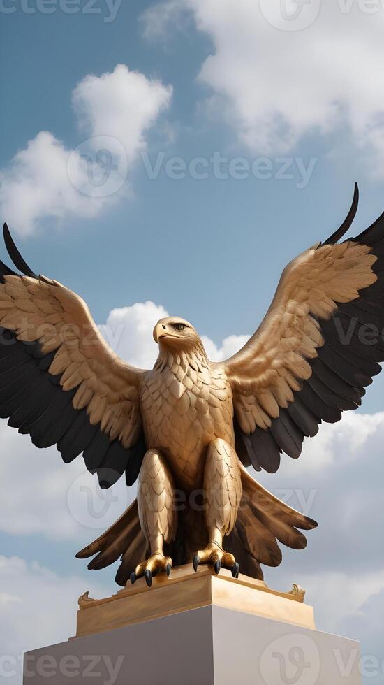 A close-up of a golden eagle statue, wings fully extended, against a blurred sky, leaving room for Presidents Day copy. photo