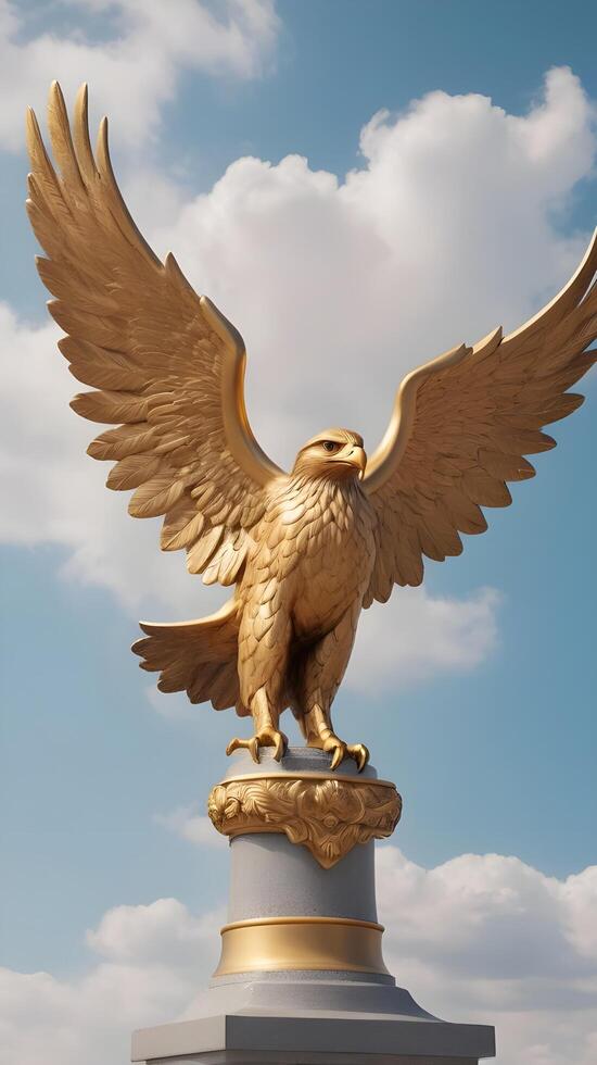 A golden eagle statue, wings spread majestically, with a soft-focus sky in the background, perfect for overlaying Presidents Day text. photo
