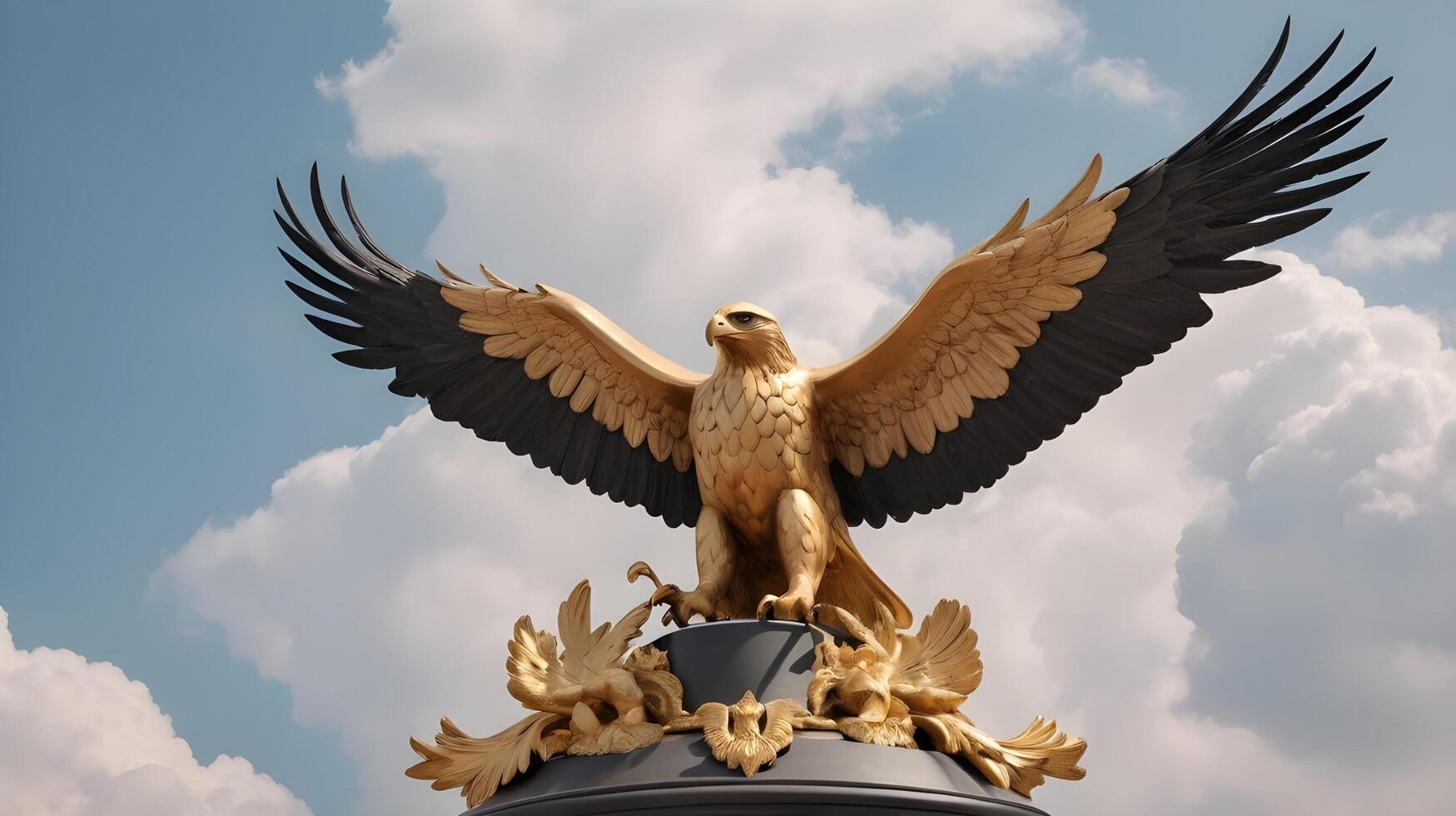 A close-up of a golden eagle sculpture, wings stretched wide, against a soft-focus sky, offering space for Presidents Day copy. photo