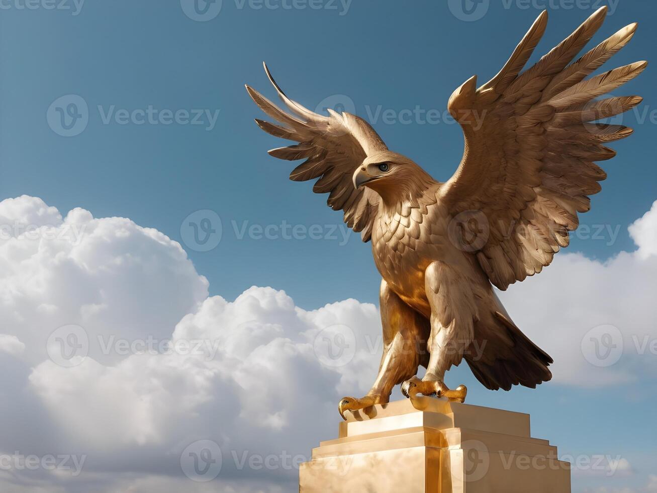 A close-up of a golden eagle statue with wings extended, against soft-focus clouds, perfect for adding Presidents Day text. photo