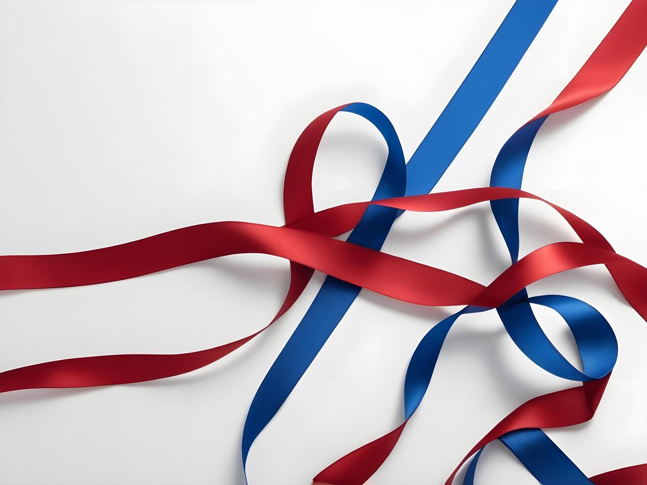 A detailed close-up of silky red and blue ribbons woven together, with a clean space perfect for Presidents Day text. photo