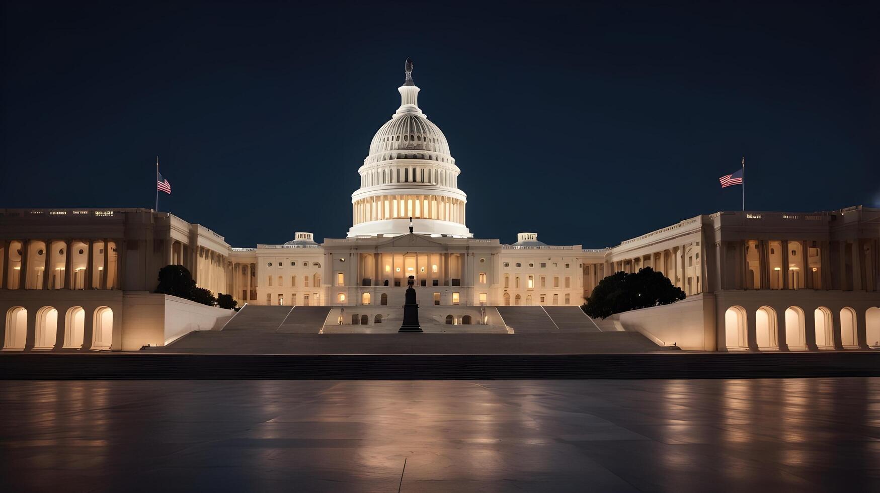 A beautiful U.S. Capitol at night, lit warmly, with a blurred foreground for easy Presidents Day text placement. photo