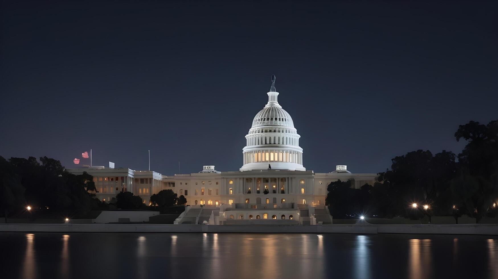 A striking U.S. Capitol shot at night, bathed in warm light, with a blurred foreground perfect for Presidents Day copy. photo