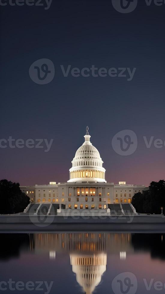 A mesmerizing night shot of the U.S. Capitol, illuminated in warm tones, with a blurred foreground for text placement. photo