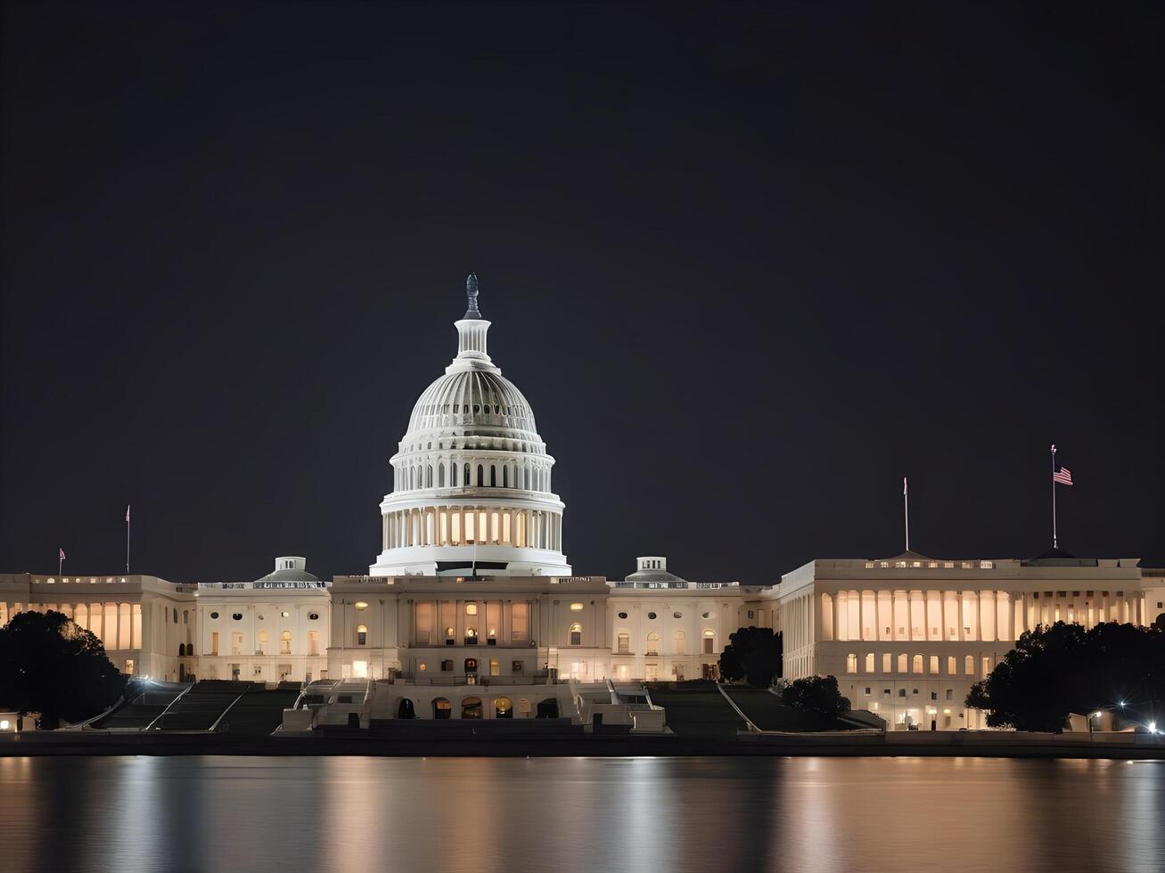 A breathtaking night view of the U.S. Capitol, glowing softly, with a blurred foreground for Presidents Day content. photo