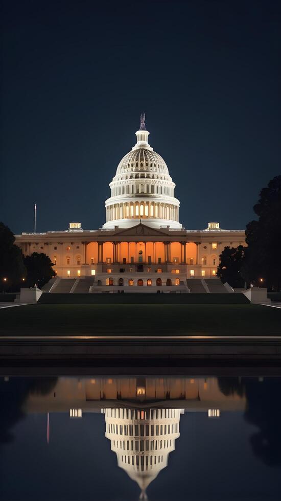 A captivating night view of the U.S. Capitol, glowing warmly, with a soft-focused foreground ideal for Presidents Day text. photo