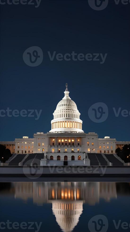 A stunning night shot of the U.S. Capitol, lit warmly, with a blurred foreground providing space for Presidents Day messaging. photo