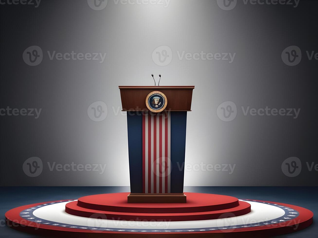 A detailed presidential podium, highlighted by spotlights and a minimal patriotic design, ideal for adding Presidents Day content. photo