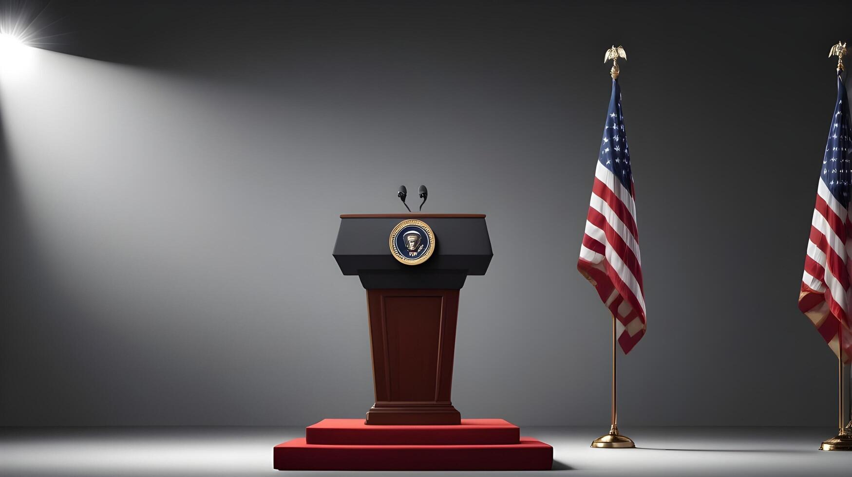 A high-detail presidential podium under soft spotlights, accented with a faint patriotic theme, offering space for Presidents Day text placement. photo