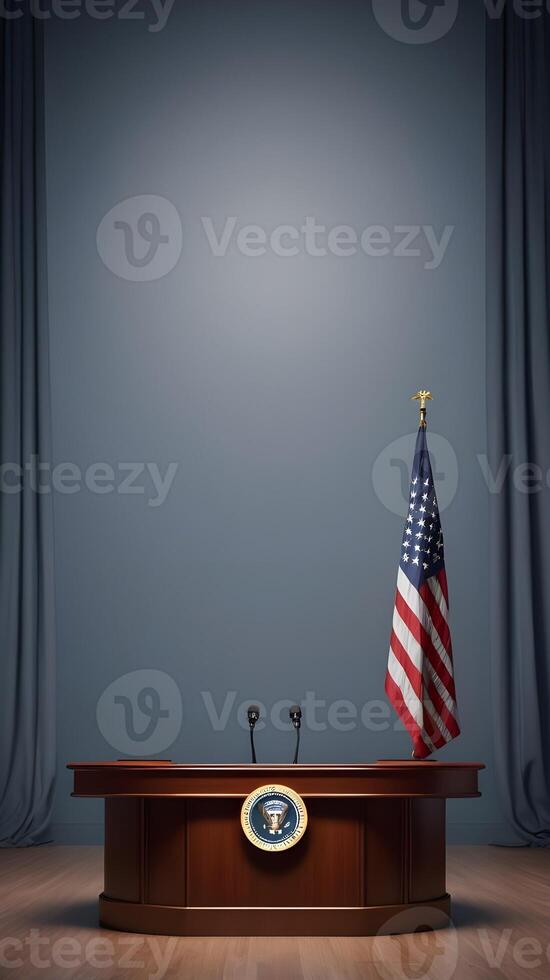 A presidential podium featuring intricate details and spotlights, with a gentle patriotic touch and space for Presidents Day text. photo