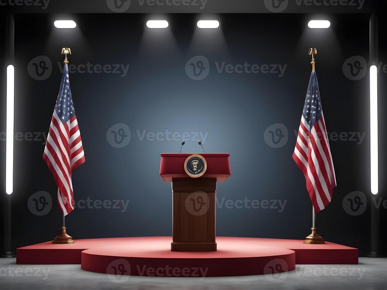 A detailed podium for the President, bathed in spotlights and subtly adorned with a patriotic theme, offering ample space for Presidents Day content. photo