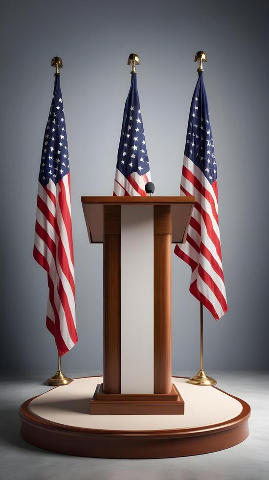A presidential podium with intricate details, highlighted by spotlights and a delicate patriotic motif, leaving room for text on Presidents Day. photo