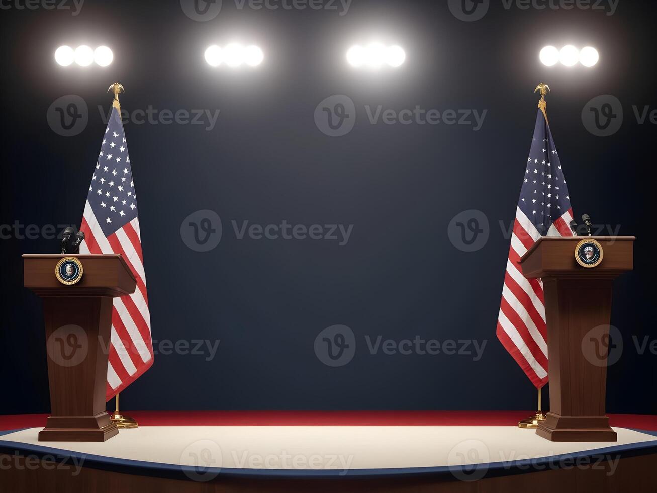 A detailed presidential podium illuminated by spotlights, with a subtle patriotic design, offering space for Presidents Day text. photo
