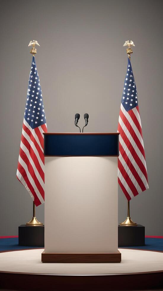 A finely crafted presidential podium with soft spotlights and a faint patriotic theme, perfect for adding Presidents Day copy. photo