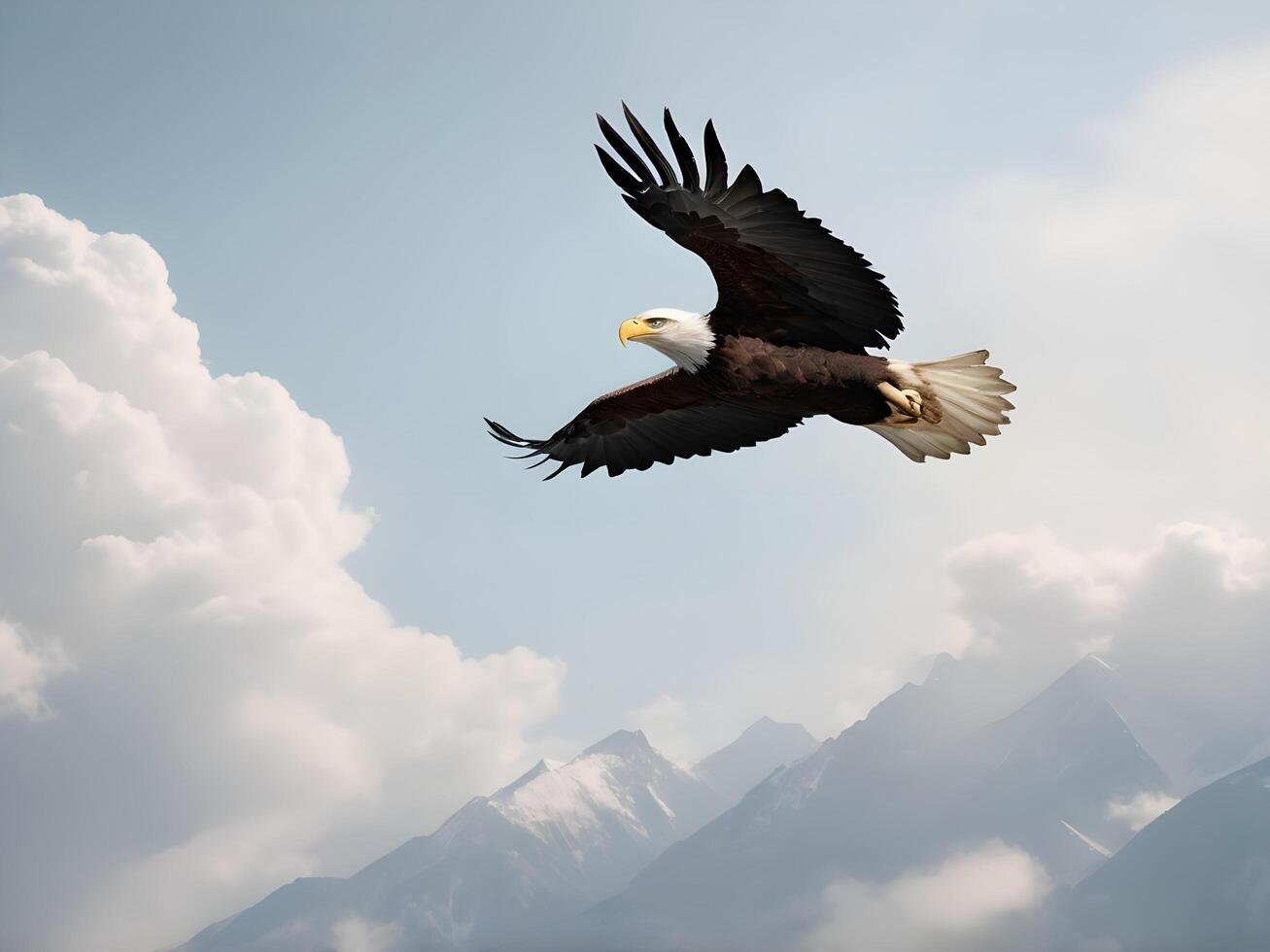 A majestic bald eagle flying through a cloud-filled sky, leaving room for Presidents Day messaging. photo