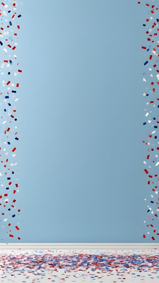 A lively scene featuring falling red, white, and blue confetti, with a central space for Presidents Day copy. photo