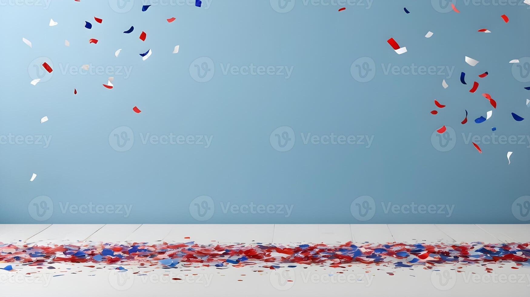 A joyful background of red, white, and blue confetti, gently cascading, with an open area in the center for Presidents Day text. photo