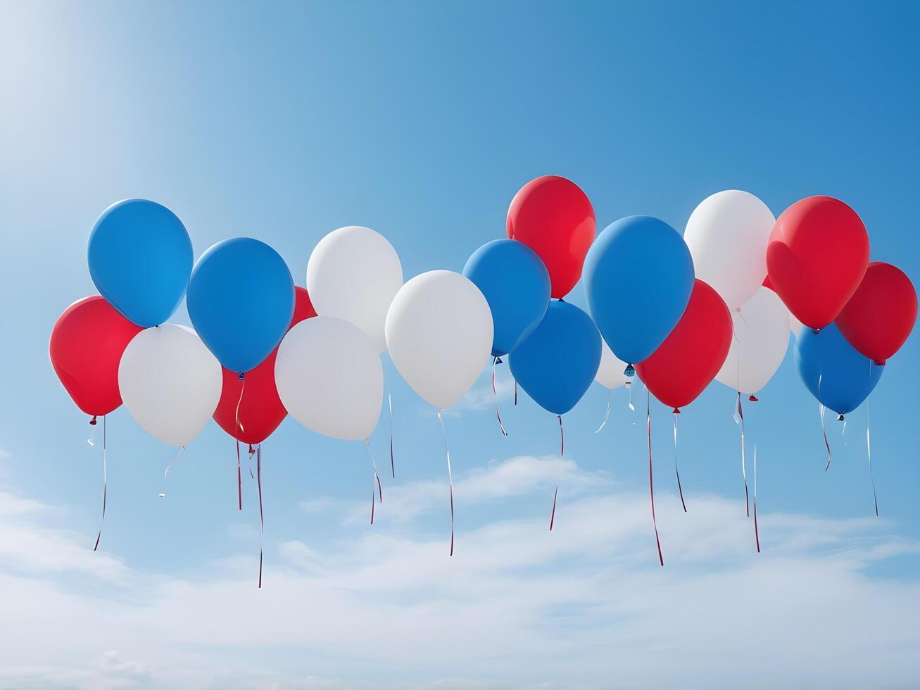 A bright sky filled with red, white, and blue balloons ascending, creating a perfect area for Presidents Day text. photo