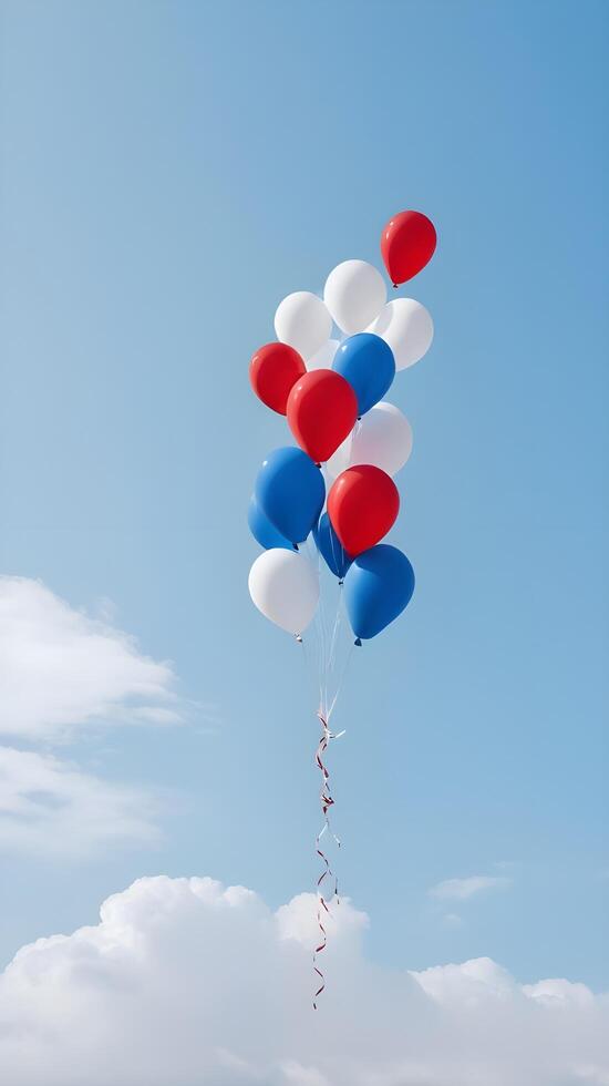 A sky filled with red, white, and blue balloons drifting higher, providing space for prominent Presidents Day text. photo