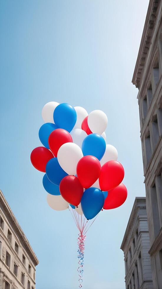 A sky full of red, white, and blue balloons floating upward, with a clear space for bold Presidents Day messaging. photo
