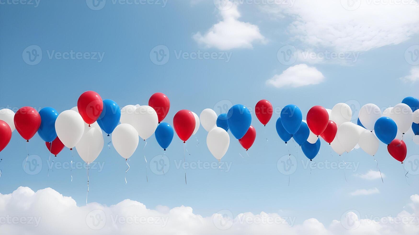 A festive sky with red, white, and blue balloons gently rising, leaving a clear area for bold text. photo