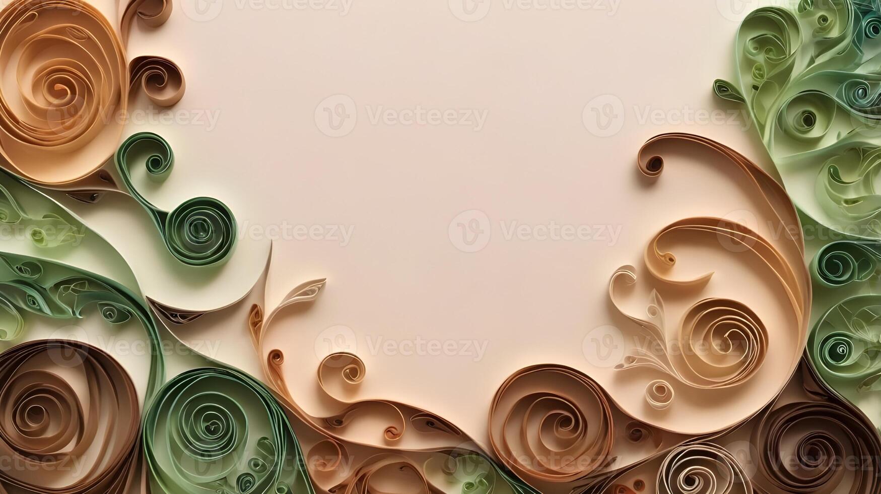 Earth-toned quilled paper spirals create vine and leaf patterns, providing an open space for text. photo