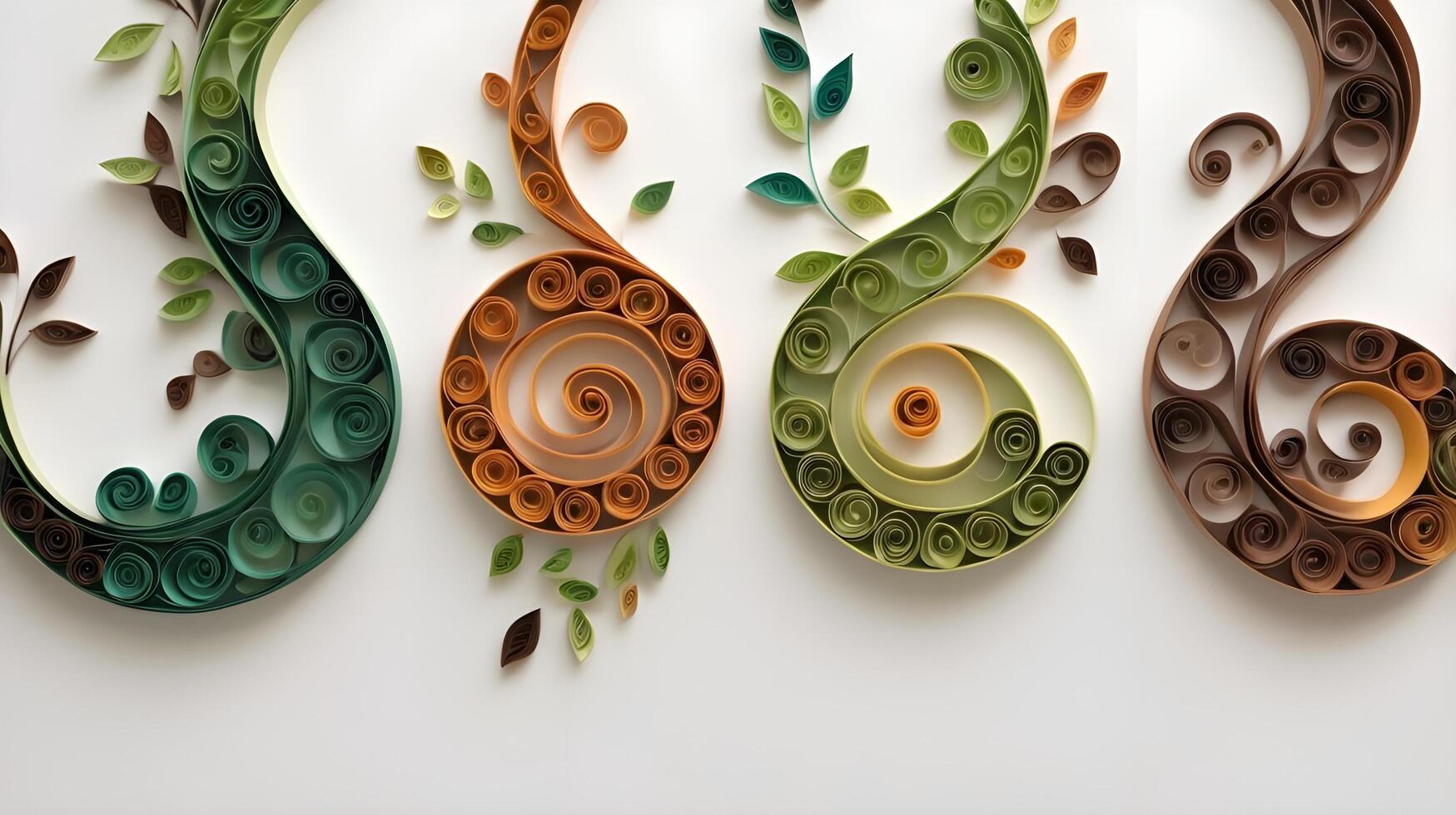 Earthy quilled paper spirals in green and brown arranged in leaf and vine patterns, leaving room for text. photo