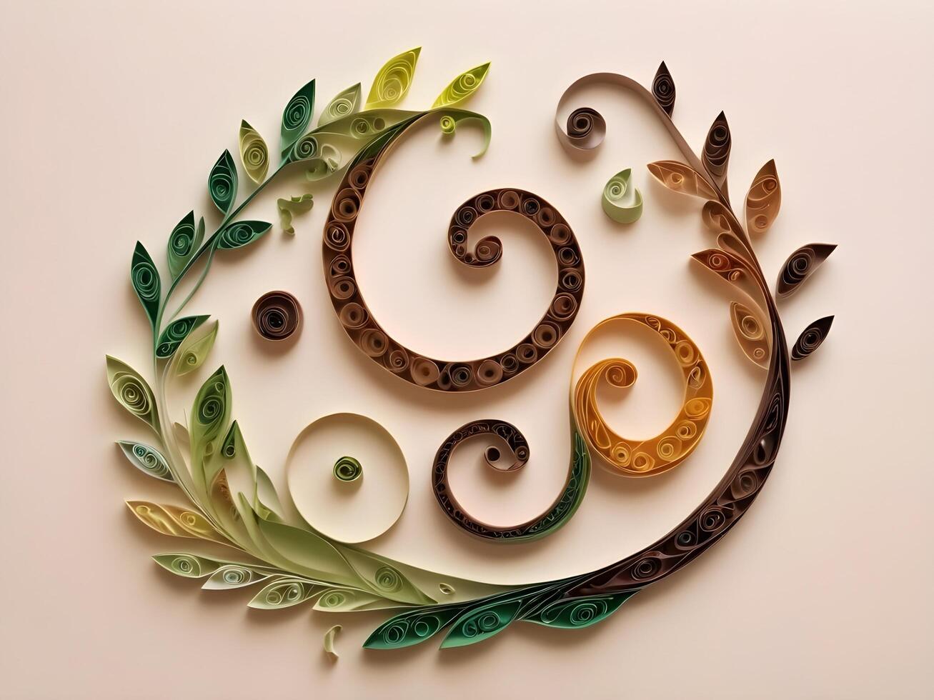 Green, brown, and earthy spirals of quilled paper arranged as vines and leaves, leaving a clean area for text. photo