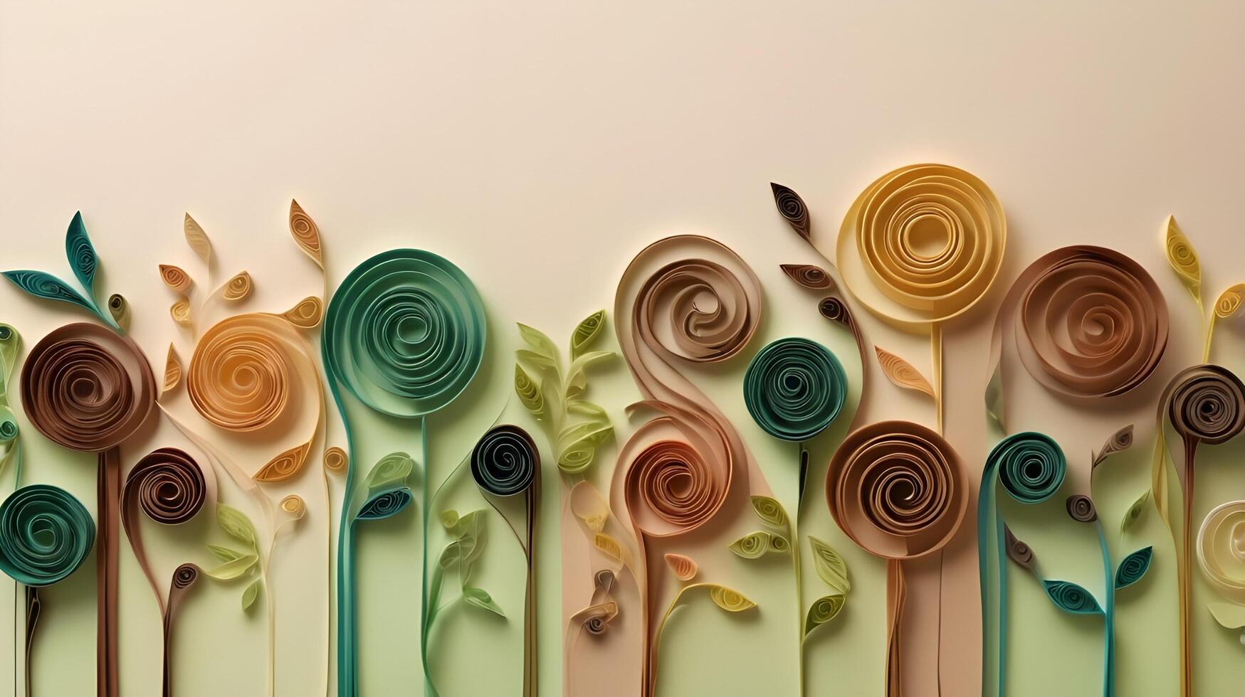 Quilled paper spirals in earthy green and brown mimic natural vines, creating a balanced area for text. photo
