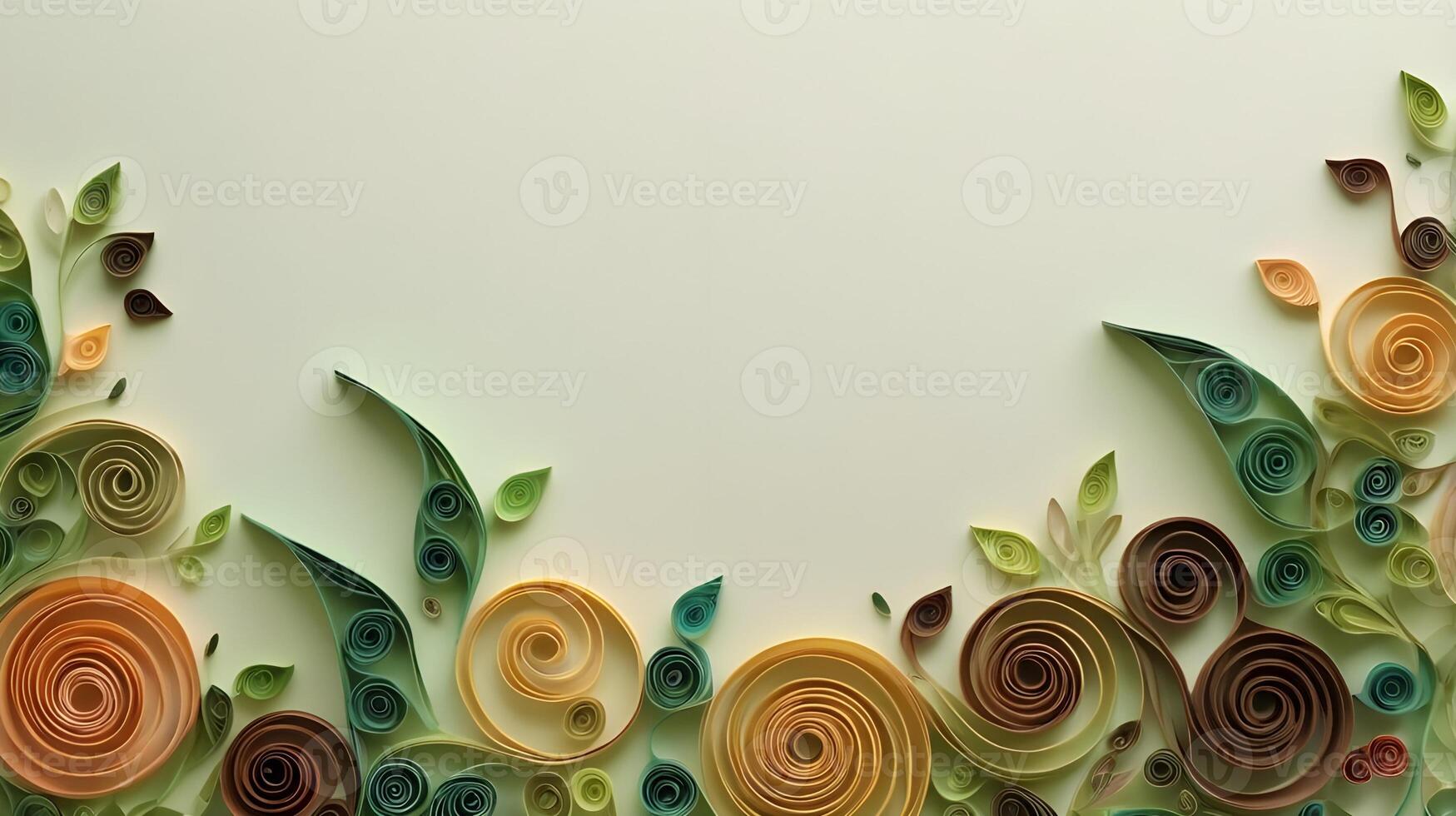 Green and brown spirals of quilled paper form vine-like shapes, with a central space for balanced text. photo