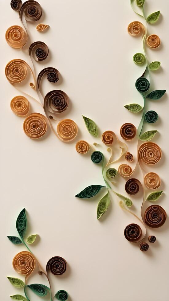 Earthy spirals in green and brown, shaped like leaves and vines, with an open area for balanced copy. photo