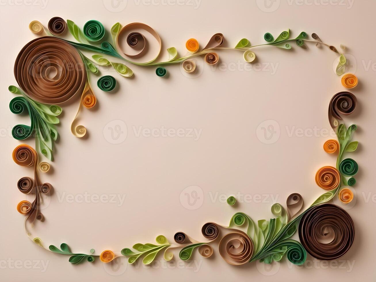 Earth-toned quilled paper spirals in green and brown form a leafy, vine-like design, with space for text. photo