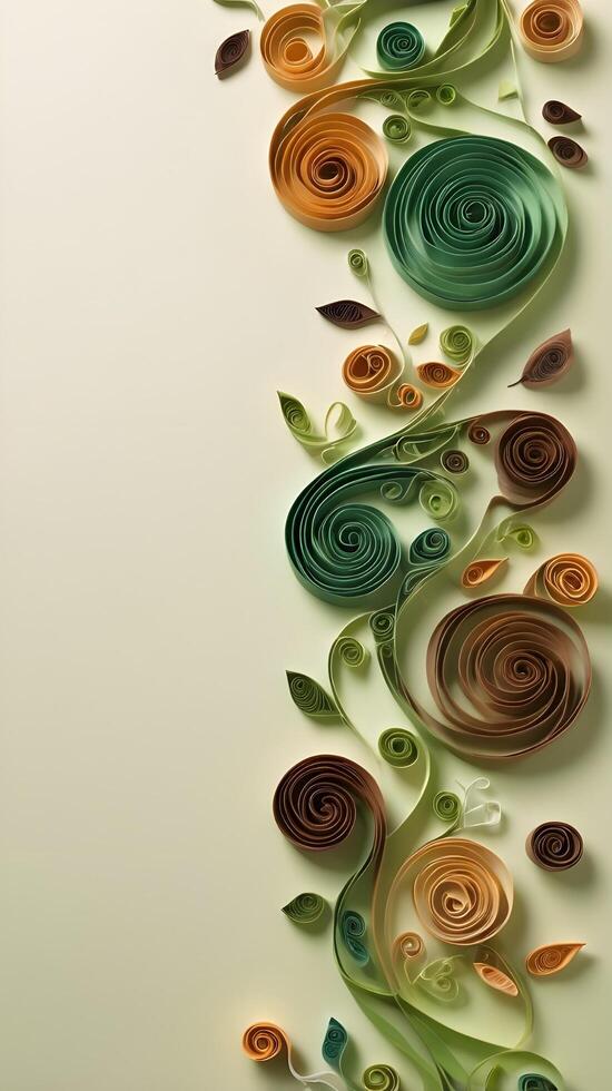 Earthy quilled paper spirals in green and brown weave together like vines, leaving room for copy. photo