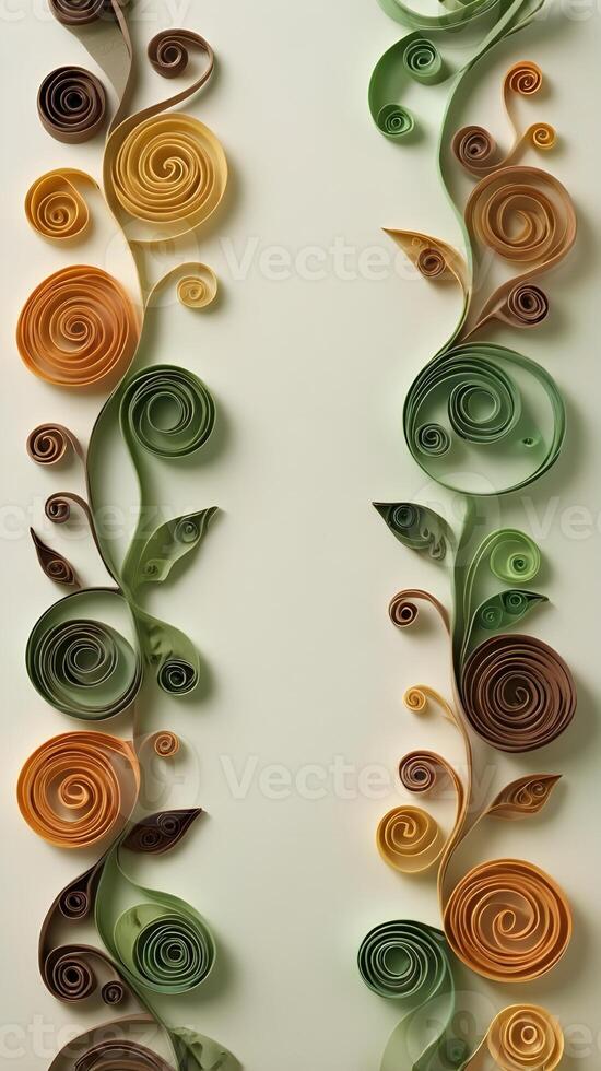 Earth-toned quilled paper spirals in green and brown form vine-like shapes, creating a balanced space for text. photo