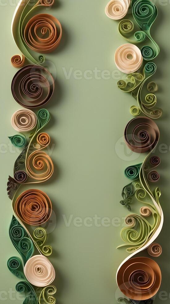 Quilled paper spirals in shades of green and brown mimic vines and leaves, offering space for balanced text. photo