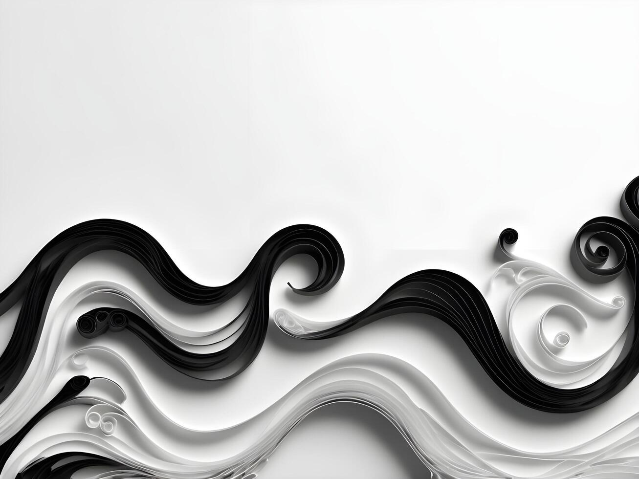 Black and white quilled paper strips arranged in smooth wave patterns, providing room for text. photo