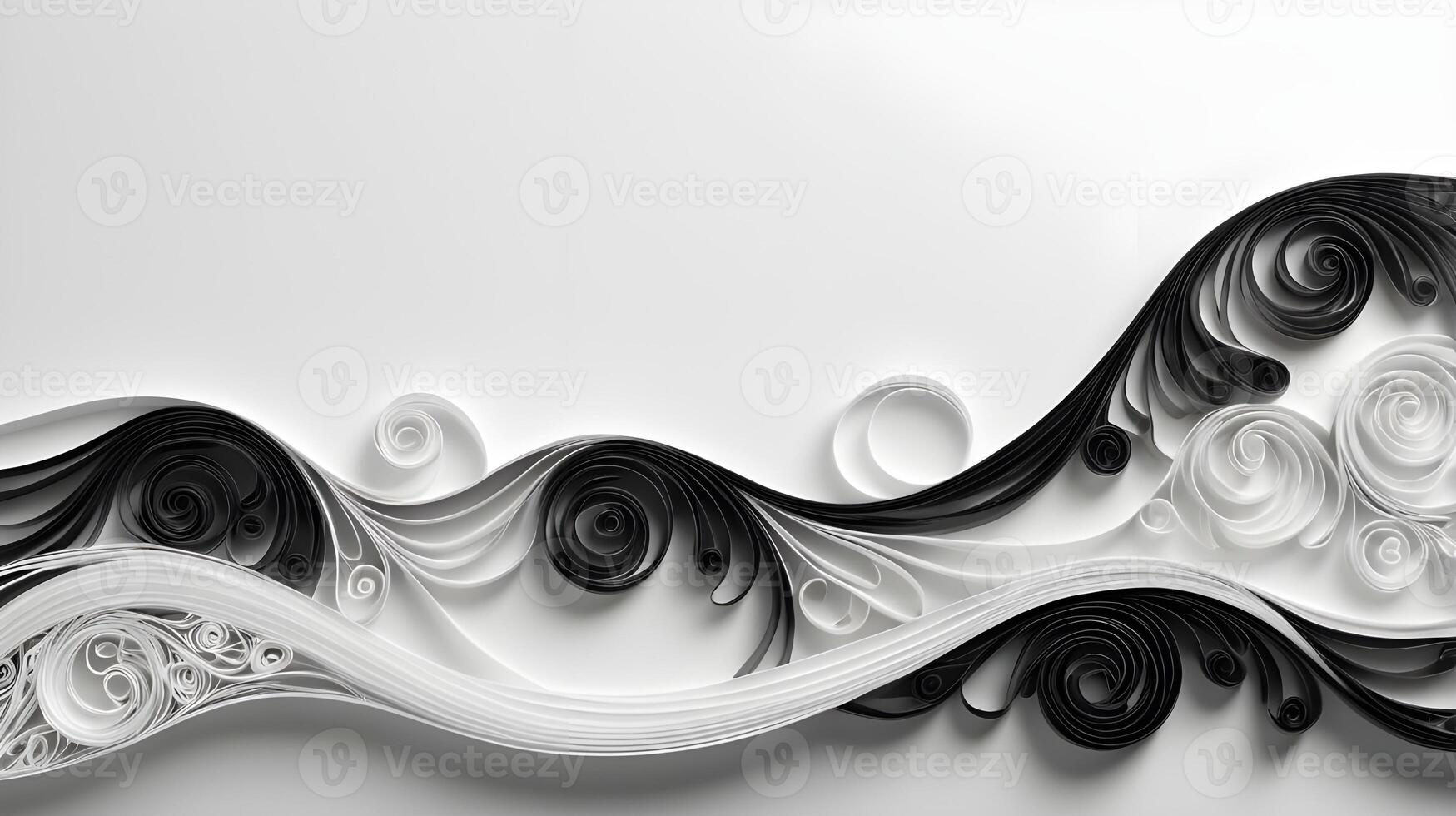 Black and white quilling strips create graceful wave patterns, with negative space for text. photo
