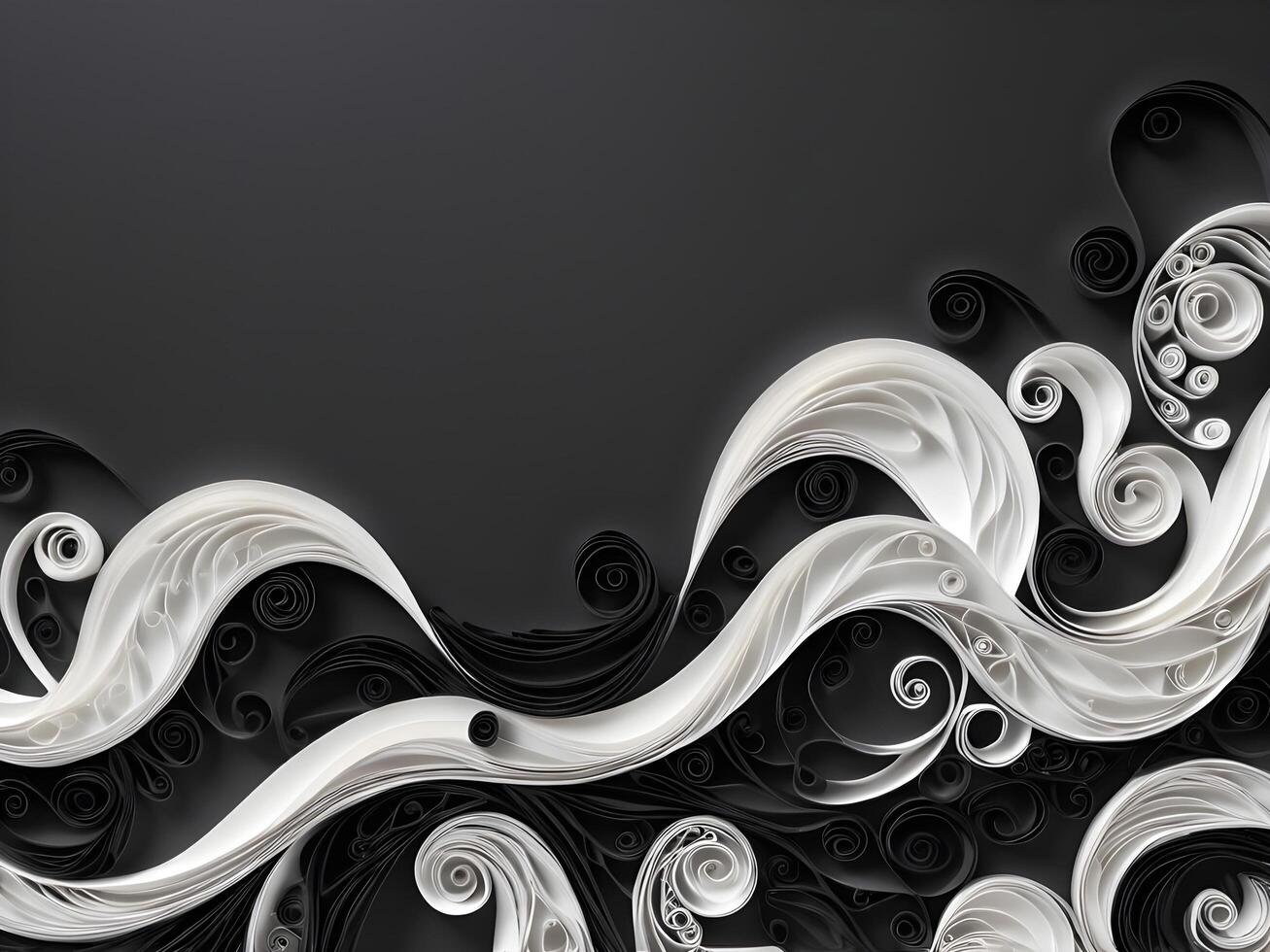 Black and white paper quilling strips arranged in elegant wave curves, leaving room for text. photo