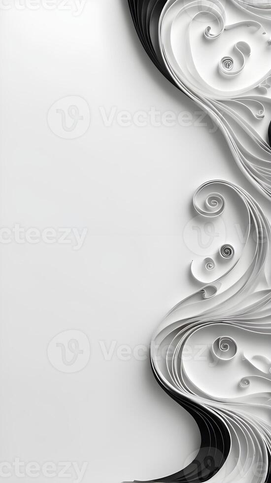 Paper quilling strips in black and white form flowing wave-like curves, leaving an empty space for text. photo