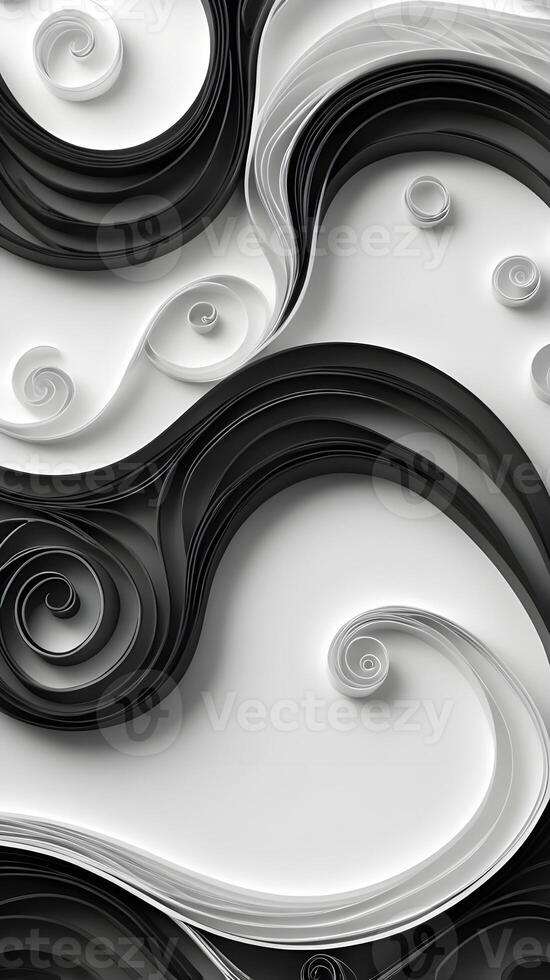 Black and white quilled paper strips form detailed wave curves, with a blank area for text. photo
