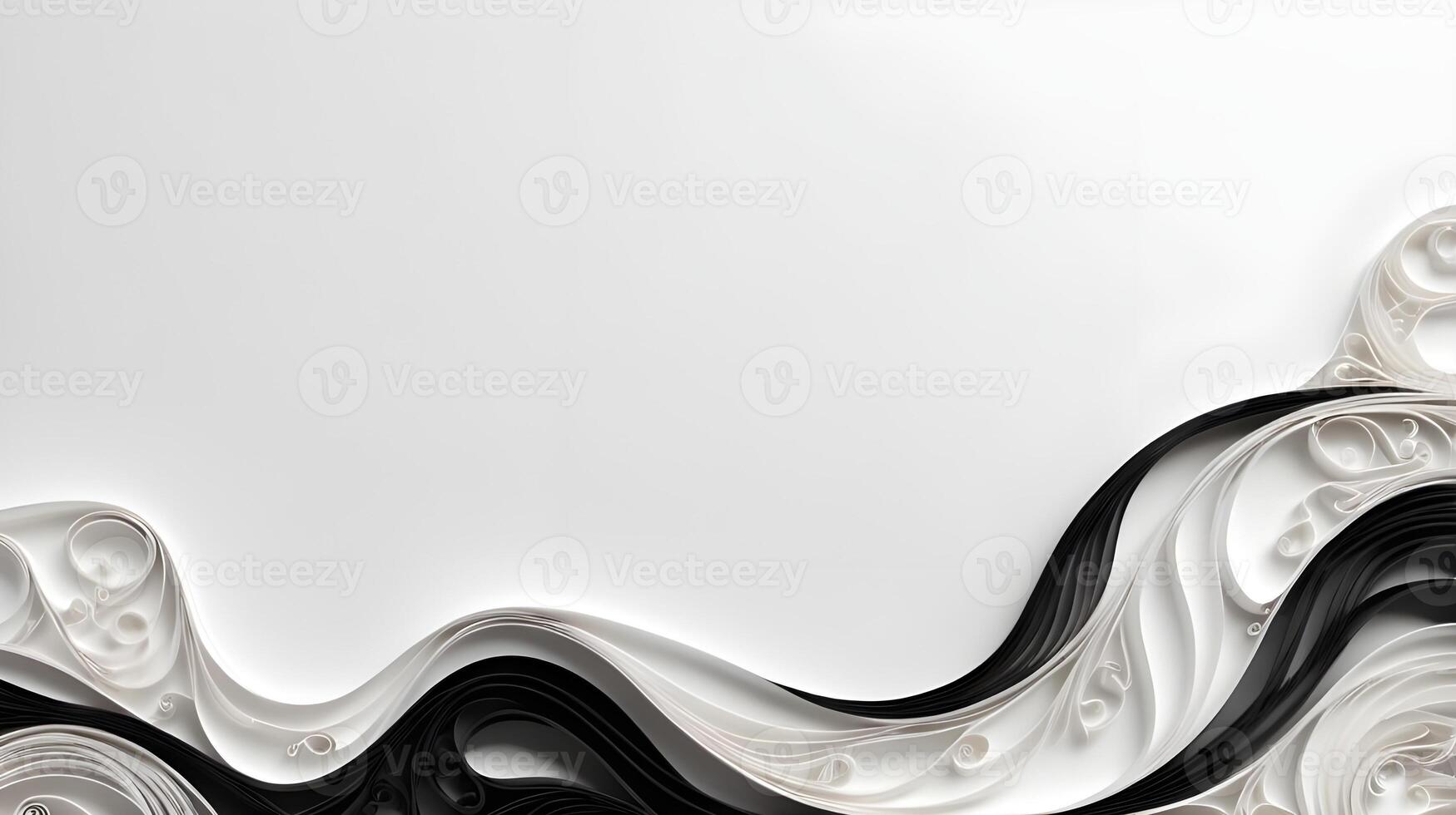 Wave-like curves of black and white quilled paper strips, leaving negative space for text placement. photo